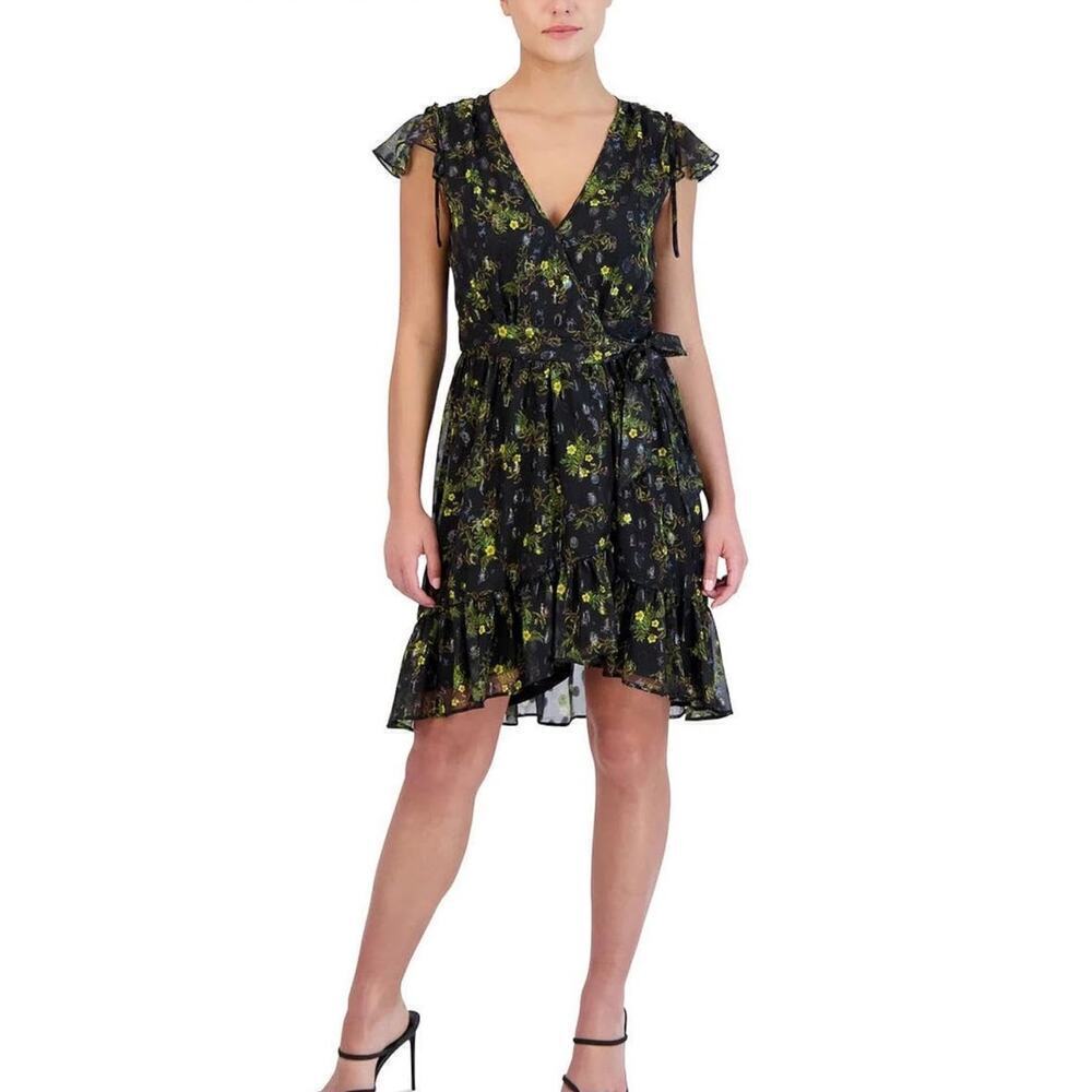 Laundry By Shelli Segal Black Floral Wrap Dress Size 12. NEW